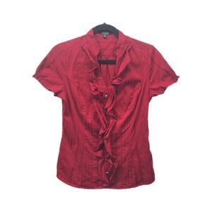 Express Blouse Women's Size SP Small Red Elite Stretch Ruffle Button Up Top